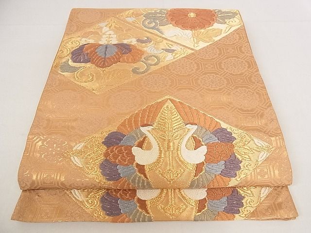 平和屋着物◎六通柄袋帯　唐織　花鳥菱文　金糸　正絹　逸品　AAAI2363Apf