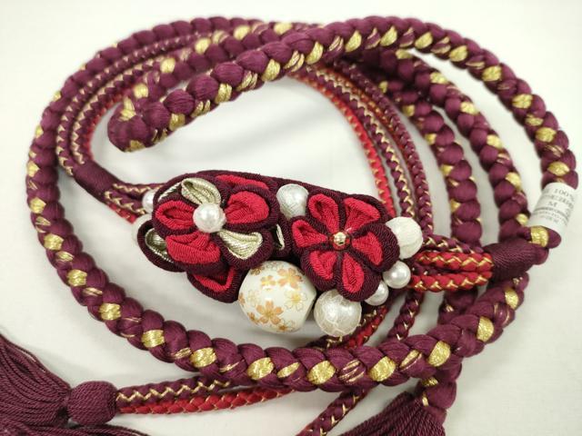 平和屋着物●和装小物　振袖用帯締め　飾り付き　飾り玉　つまみ細工　パール　暗紅色　金糸　撚り房　逸品　未使用　CAAX8325ju