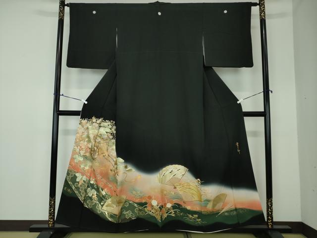 平和屋着物■豪華黒留袖　作家物　御所車扇面吉祥花文　松竹梅　暈し染め　金銀彩　正絹　逸品　DAAO0885xg