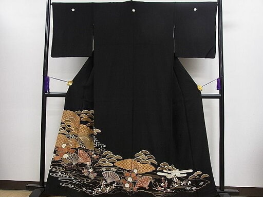 平和屋着物■豪華黒留袖 駒刺繍 渡橋檜扇吉祥花文 金彩 逸品 CAAC9928ze 平和屋着物■豪華黒留袖 駒刺繍 渡橋檜扇吉祥花文 金彩 逸品 CAAC9928ze