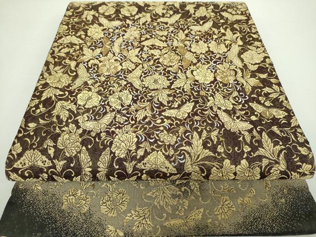 平和屋着物●六通柄袋帯　舞蝶花文　黒地　金銀糸　正絹　逸品　DAAX4764ps