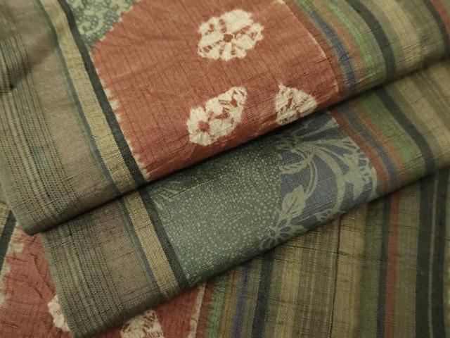 平和屋着物●伝統工芸士　七代目　吉澤与市　紬　絞り　花唐草間道　正絹　逸品　AABD9962cs(4.0)