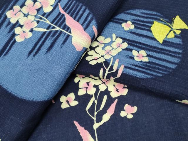 平和屋着物∴夏物　浴衣　綿紅梅　満月舞蝶花文　綿　逸品　CABD2456ng