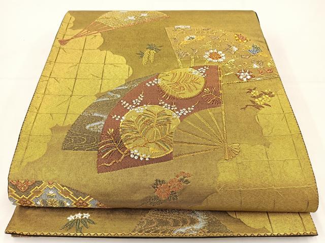 平和屋着物◎六通柄袋帯　扇面吉祥文　黒地　金銀糸　正絹　逸品　BAAT5046jr