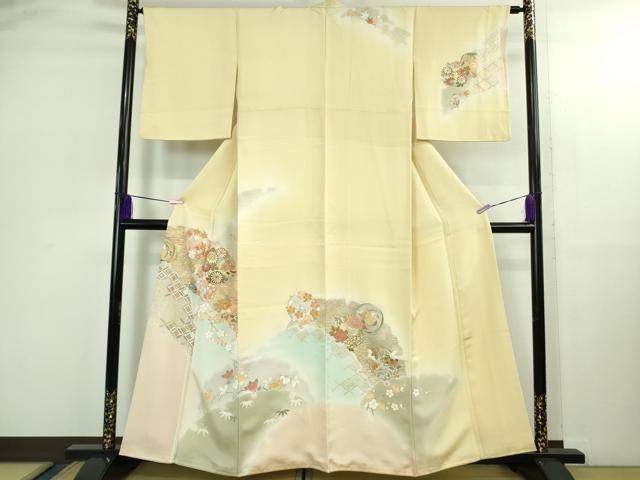 乐天商城 - 平和屋本店●極上　創業460年・千總　訪問着　雪輪花丸文　薄い淡黄色地　暈し染め　金彩　逸品　DZAB2847kh6