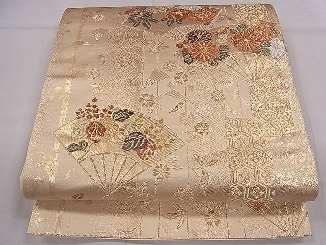 平和屋着物■六通柄袋帯　扇面草花文　金糸　逸品　ca4313