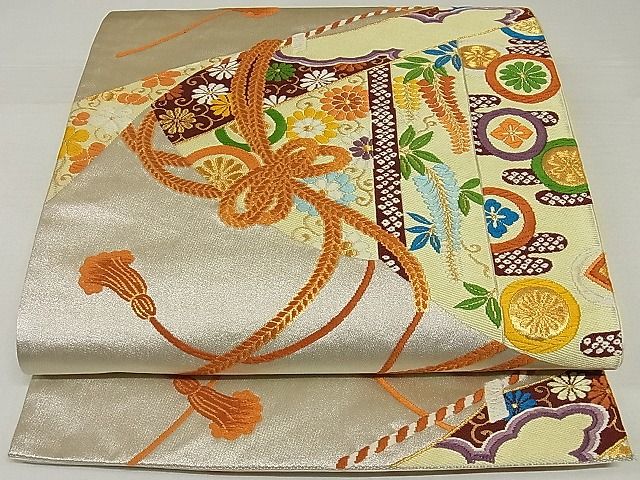 平和屋着物◎六通柄袋帯　唐織　結び紐花文　金銀糸　正絹　逸品　AAAF0480Asx