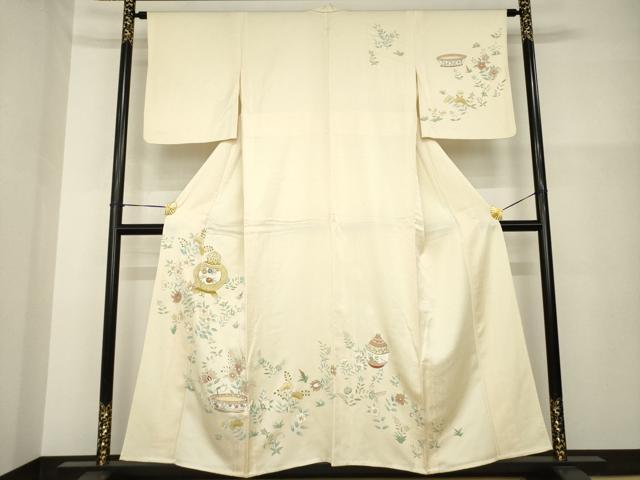 Kimono - 平和屋着物▽訪問着　単衣　陶器花文　金彩　正絹　逸品　AABG8411ck