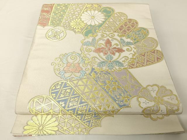 平和屋着物●西陣　川島織物　六通柄　本袋帯　檜扇花文　金銀糸　正絹　逸品　AABA2599np