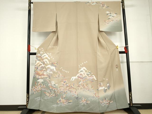 Kimono - 平和屋着物●訪問着　友禅　立波風景飛鳥文　暈し染め　正絹　逸品　AABG6608cs