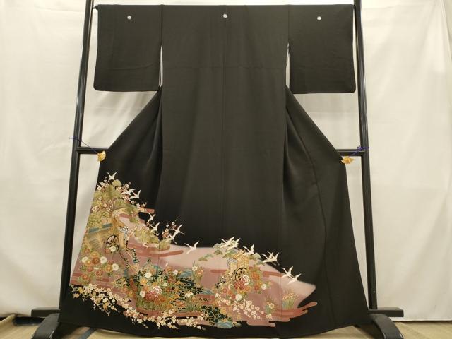 平和屋着物■豪華黒留袖 松竹梅群れ鶴御所車花文 金彩 正絹 逸品 AABA0049br