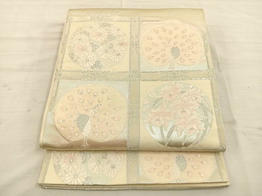 平和屋着物◎六通柄袋帯 唐織 孔雀花丸文 銀糸 正絹 逸品 BAAT4690kg 平和屋着物◎六通柄袋帯 唐織 孔雀花丸文 銀糸 正絹 逸品 BAAT4690kg