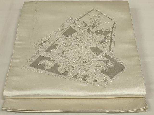 平和屋着物◎太鼓柄袋帯　草花文　銀彩　正絹　逸品　AABD9298ou