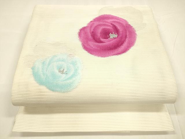 Rakuten - 平和屋着物＊夏物　京の名門　じゅらく謹製　絽綴れ　八寸名古屋帯　薔薇　バラ　銀糸　正絹　逸品　DABA0049cm
