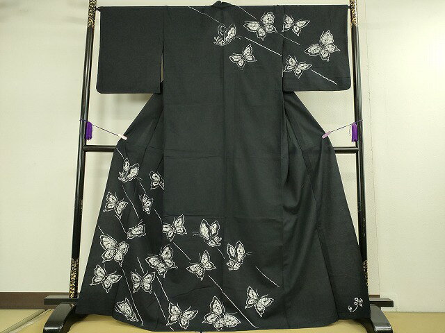 平和屋着物∴極上　夏物　浴衣　有松鳴海絞り　舞蝶文　黒地　綿　逸品　DZAB7481kh6