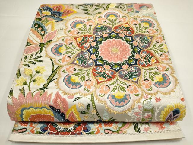 平和屋着物▼六通柄袋帯　唐織　草花文　金銀糸　正絹　逸品　AABA1797wj