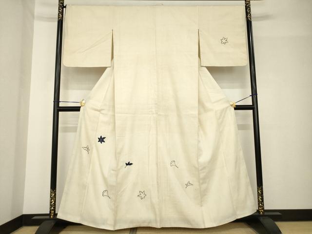 平和屋着物●本場結城紬　重要無形文化財　訪問着　総刺繍　銀杏　楓　正絹　逸品　AABH4585ck