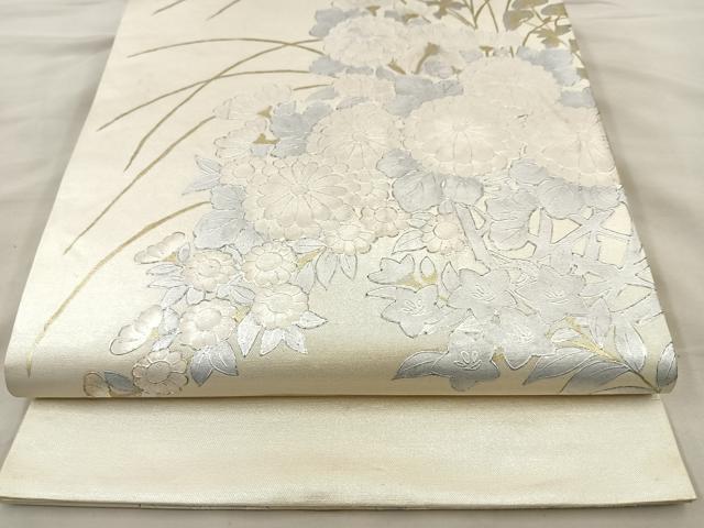 浴衣帯 - 平和屋着物◎太鼓柄袋帯　草花文　金銀彩　正絹　逸品　BAAR6238kg