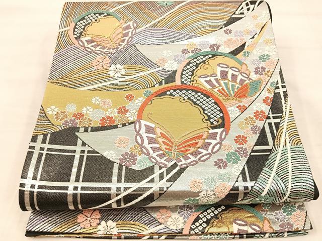 平和屋着物◎六通柄袋帯　唐織　舞蝶花丸文　金銀糸　正絹　逸品　BAAU0503mz