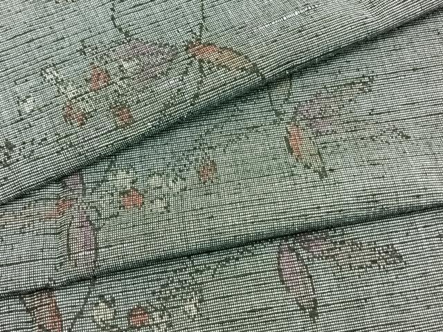 平和屋着物▽上質な紬　単衣　草花文　正絹　逸品　AAAZ9156fy