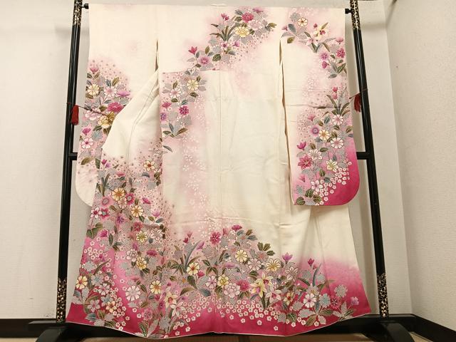 平和屋着物●豪華振袖　駒刺繍　草花文　暈し染め　金彩　正絹　逸品　AABG1049ph