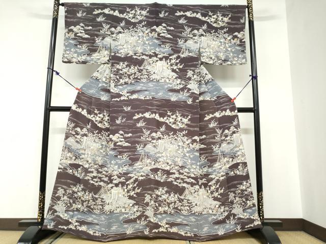 平和屋着物●訪問着　流水源氏車草花文　金彩　鬼しぼ縮緬　正絹　逸品　DABC2019ud