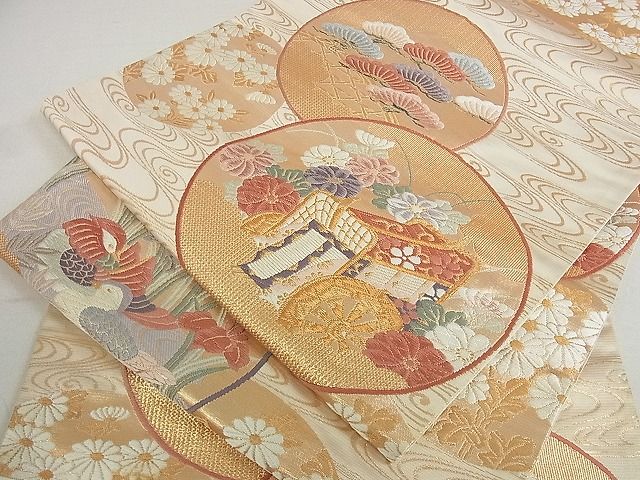 平和屋着物■六通柄袋帯 流水鴛鴦御所車花文 金糸 逸品 du3060