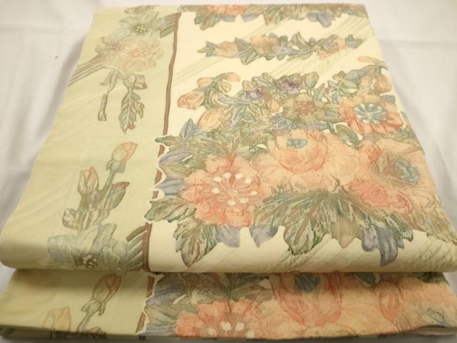 平和屋着物◎西陣　老舗　渡文謹製　手織　全通柄袋帯　纐纈　草花文　正絹　逸品　AAAW9624dt