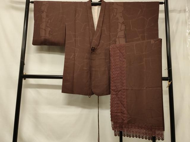 Full-Length Under-Kimono - 平和屋着物＃道中着　幾何学地紋　赤褐色　さが美扱い　ショール付き　ロング丈　正絹　逸品　CABE5341in