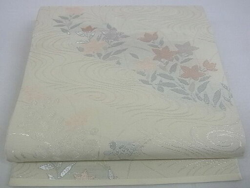 平和屋着物■夏物 六通柄袋帯 流水草花文 銀糸 正絹 逸品 AAAF9166Awj 平和屋着物■夏物 六通柄袋帯 流水草花文 銀糸 正絹 逸品 AAAF9166Awj
