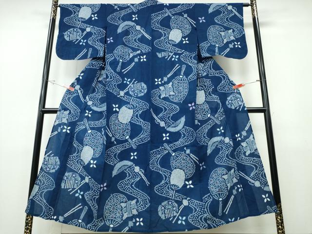 平和屋着物∴夏物　浴衣　有松鳴海絞り　簪　櫛　団扇流水文　綿　逸品　CABH1501ng