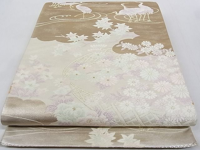 平和屋着物◎六通柄袋帯　唐織　群鶴花籠文　金銀糸　引箔　正絹　逸品　AAAF4764Ajz