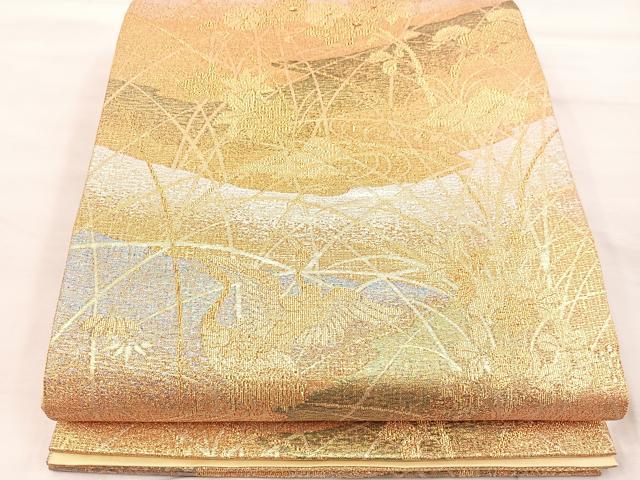 平和屋着物◎六通柄袋帯　群鶴花文　金糸　正絹　逸品　BAAU0644mz