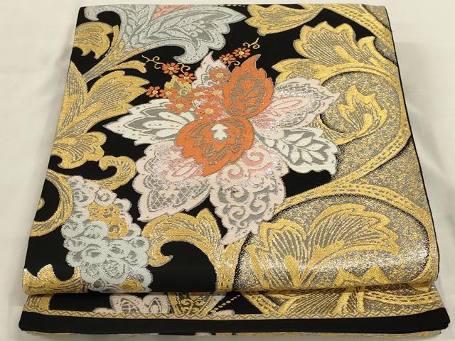平和屋着物◎六通柄袋帯　更紗花文　黒地　金銀糸　正絹　逸品　AABD9305ou