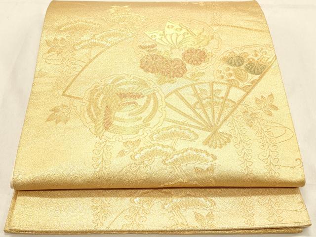 平和屋着物◎六通柄袋帯　扇面花鳥文　金糸　正絹　逸品　DABB9112ya