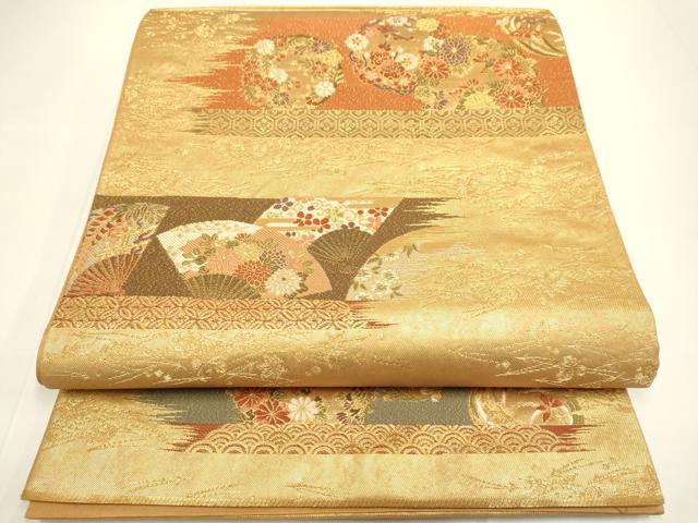 平和屋着物●西陣の名門　加納幸謹製　六通柄袋帯　吉祥扇花文　金糸　正絹　逸品　DABB9817du