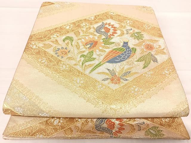 平和屋着物◎六通柄袋帯　孔雀更紗花文　金銀糸　正絹　逸品　AABF4744yx