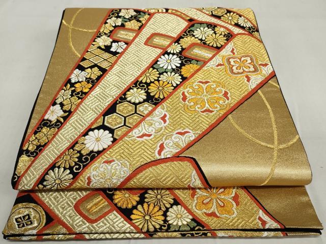 平和屋着物◎六通柄袋帯 扇面花文 黒地 金銀糸 三越扱い 正絹 逸品 AAAV0996gw