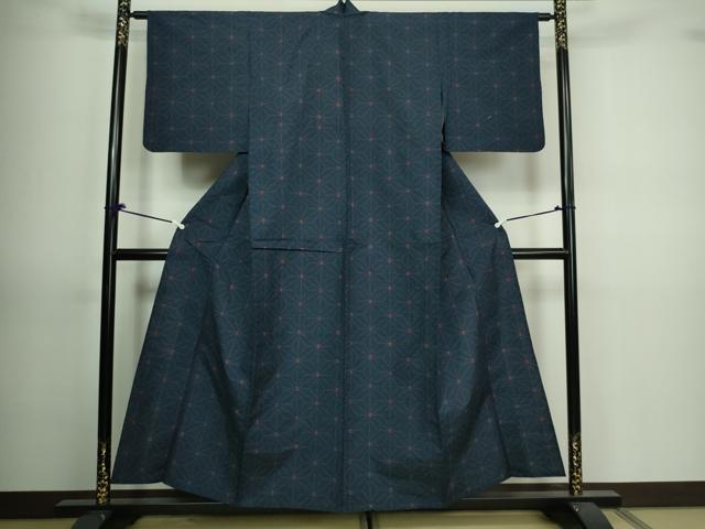 平和屋着物▽上質な紬　単衣　麻の葉文様　正絹　逸品　DAAV9725sf