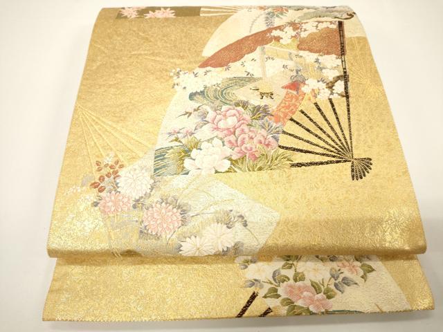 平和屋着物▼六通柄袋帯　唐織　扇面吉祥花文　金糸　正絹　逸品　CAAY4024ak