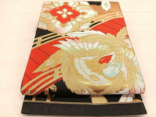 平和屋着物◎六通柄袋帯 唐織 鳳凰渡橋花文 黒地 金銀糸 正絹 逸品 BAAU1579hv 平和屋着物◎六通柄袋帯 唐織 鳳凰渡橋花文 黒地 金銀糸 正絹 逸品 BAAU1579hv