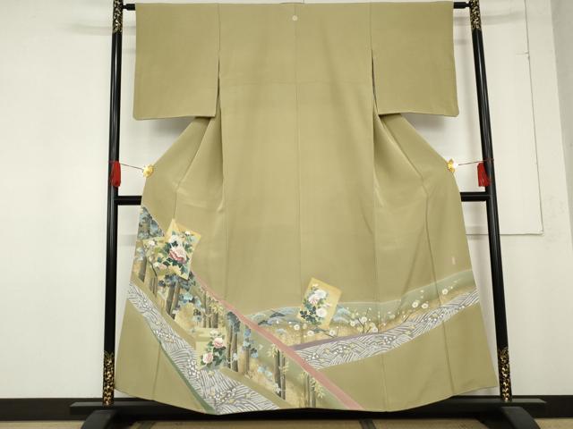 Full-Length Under-Kimono - 平和屋着物●十日町友禅作家　阿部佳雪　色留袖　笹竹　千鳥　色紙風景花文　金彩　正絹　逸品　AABD6439cs