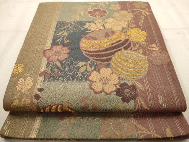 平和屋着物◎六通柄袋帯　唐織　糸巻花文　金糸　正絹　逸品　AAAV9715dt