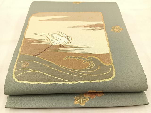平和屋着物◎六通柄袋帯　波に白さぎ　金糸　正絹　逸品　BAAU2816yc