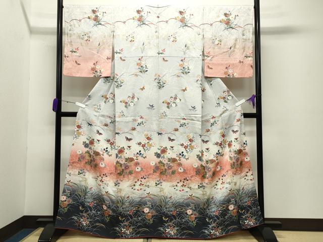 平和屋着物●訪問着　流水舞蝶花文　暈し染め　金彩　正絹　逸品　CABC8339gh