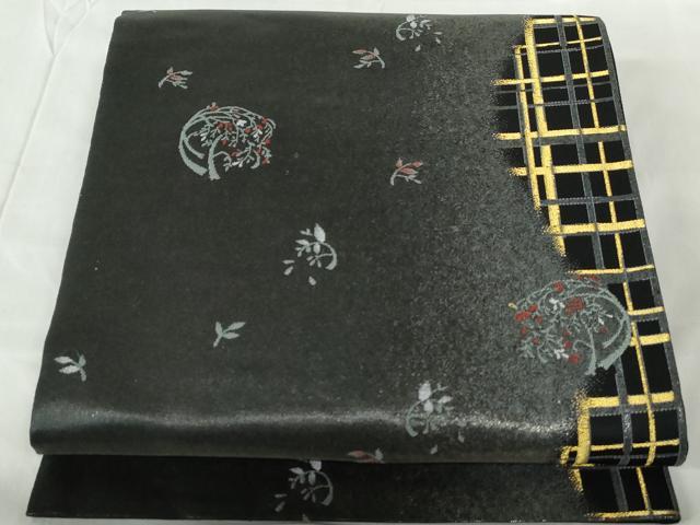 平和屋着物◎六通柄袋帯　格子花丸文　金糸　引箔　正絹　逸品　DABE0616qa