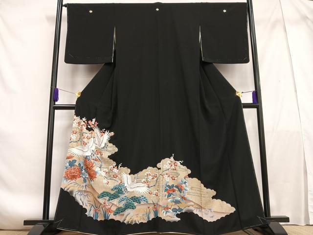 平和屋着物■豪華黒留袖　刺繍　飛鶴枝花文　金彩　銀糸　正絹　逸品　AABF1211oa