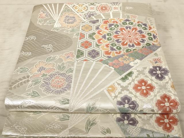 平和屋着物◎六通柄袋帯　唐織　扇面花文　銀糸　正絹　逸品　AAAX7915dt