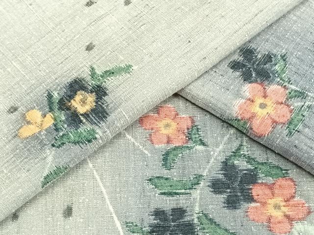 平和屋着物▽上質な紬　単衣　草花文　正絹　逸品　AAAV8435fy