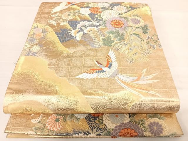 平和屋着物◎六通柄袋帯　唐織　日本屛風絵　山水四季花鳥図　伝雪舟　金糸　正絹　逸品　AABD7231yx